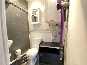 une petite salle de bain avec toilettes et lavabo dans l'établissement Le Cliersou - Appartement bien situé à Clermont-Ferrand Fontgieve, à Clermont-Ferrand