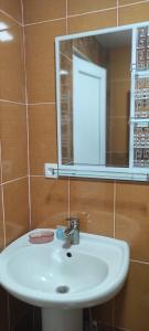 uma casa de banho com um lavatório branco e um espelho. em Nias's Apartment in Bakuriani em Bakuriani