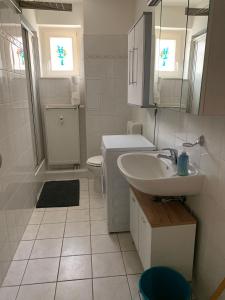 ein Badezimmer mit einem Waschbecken und einem WC sowie zwei Fenster in der Unterkunft LEA Apartments Leipzig West in Leipzig