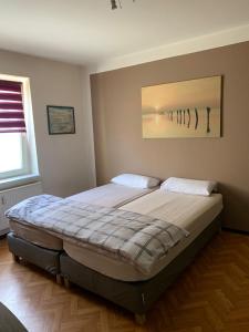 ein Schlafzimmer mit einem großen Bett in einem Zimmer in der Unterkunft LEA Apartments Leipzig West in Leipzig + 1 Foto