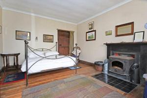 a bedroom with a bed and a fireplace at Roughley Cottage in Newcastleton