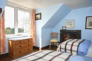 1 dormitorio con paredes azules, 1 cama y ventana en Roughley Cottage en Newcastleton