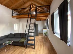Cama elevada en habitación pequeña con sofá y escalera en Kuća za odmor ASTREA, en Zaton