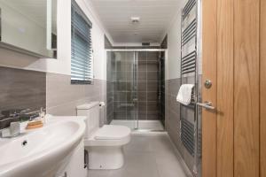 a bathroom with a toilet and a sink and a shower at Hazel Lodge, 27 Roadford Lake Lodges in Lifton +32 photos