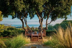 una mesa y sillas sentadas bajo algunos árboles en Wild Oak Estate en Argasio