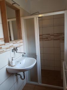 a bathroom with a sink and a shower at Chalupa Hela in Loučná pod Klínovcem