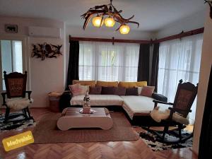 a living room with a couch and two chairs at Pensiunea Laba Ursului - Medveláb Vendégház in Sovata