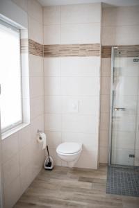 a bathroom with a toilet and a glass shower at Havelstern Ketzin, Ferienhaus Zander in Ketzin