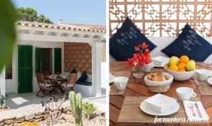 duas fotografias de um pátio com uma mesa com fruta em Casas Emma y Sofía - Porto Sale - Formentera Natural em Sant Francesc Xavier