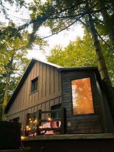 une cabine dans les bois avec une grande fenêtre dans l'établissement Spirit of the Earth Cottage Dobogókő, à Pilisszentkereszt