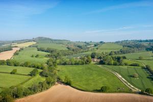 an aerial view of green fields and trees at Laverstock Cottage in Bridport