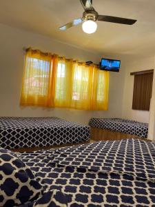 1 dormitorio con 1 cama y ventilador de techo en Villa Flor, en Los Plátanos