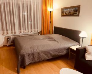 ein Schlafzimmer mit einem Bett und einer Couch in der Unterkunft Studio Loisachtal in Garmisch-Partenkirchen