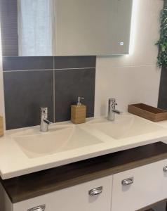 a bathroom sink with two faucets and a mirror at Cosy et jardin panoramique in Morlaix