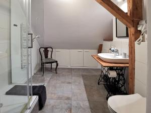 a bathroom with a sink and a glass shower at ZACZAROWALIM - Dom w Górach Sowich in Walim