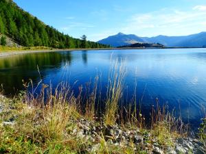 ナウダースにあるAlpenfrieden - Naudersの山々を背景にした湖の景色