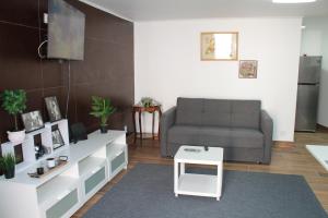 uma sala de estar com um sofá e uma mesa em Terreirinho 1 e 2 em Sacavém