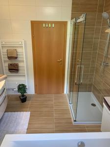 a bathroom with a shower and a sink and a tub at Appartement Centerbase Salzburgerland in Sankt Veit im Pongau