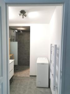 een badkamer met een toilet en een plafondventilator bij Studio indépendant, 10min Avignon in Pujaut