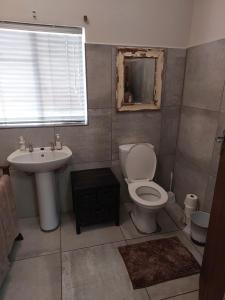 a bathroom with a toilet and a sink and a mirror at Uitzicht in Beaufort West