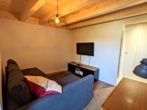 ein Wohnzimmer mit einem blauen Sofa und einem Flachbild-TV in der Unterkunft Maison de Village 296-4 in Duingt