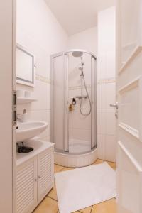 een witte badkamer met een douche en een wastafel bij GREENs - ruhige schöne 1RWhg gut gelegen mit Balkon in Dresden