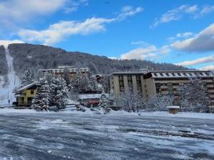 a snow covered city with buildings and a mountain at SCI AI PIEDI in Limone Piemonte