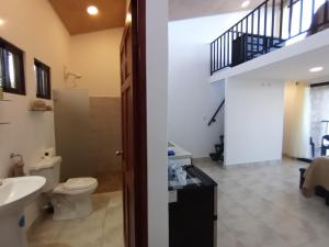 a bathroom with a toilet and a sink and a staircase at Tapirus Playa in Drake