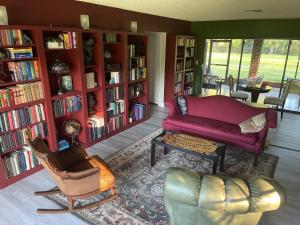 a living room with a couch and chairs and book shelves at Phantom History House - Portrait Room in Tampa