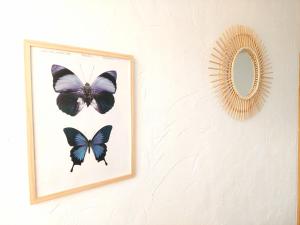 ein Bild eines Schmetterlings an einer Wand neben einem Spiegel in der Unterkunft Appart' Fabriques 2 - Mulhouse centre in Mulhouse