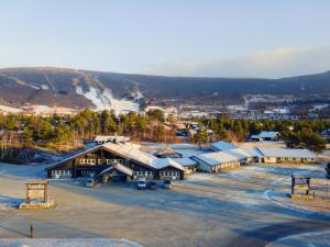 z powietrza widok na budynek z pokrytymi śniegiem dachami w obiekcie Bjorli Fjellstuer - by Classic Norway Hotels w mieście Bjorli