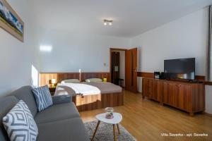 ein Hotelzimmer mit einem Bett, einem Sofa und einem TV in der Unterkunft Apartmány Villa Severka in Nový Smokovec
