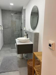 a bathroom with a sink and a mirror and a shower at Johannis ein Privatzimmer in Sankt Johannis Nürnberg in Nürnberg