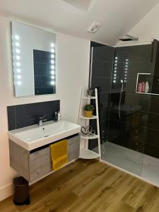 a bathroom with a sink and a shower at Apple Tree Apartment in Hensol