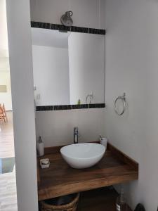 y baño con lavabo blanco y espejo. en Casa de campo en Tupungato, Mendoza. en Tupungato