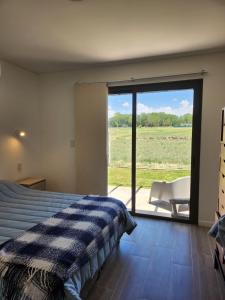 1 dormitorio con 1 cama y puerta corredera de cristal en Casa de campo en Tupungato, Mendoza. en Tupungato