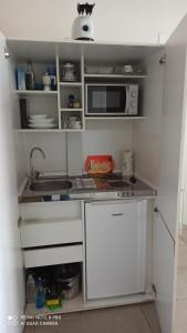 eine kleine Küche mit einer Spüle und einer Mikrowelle in der Unterkunft Porta Merlonia house in Forlì