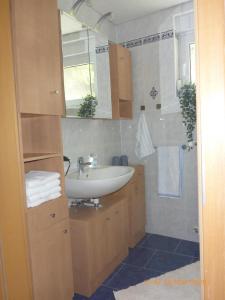 a bathroom with a sink and a mirror at Ferienwohnung Christine in Heckendalheim