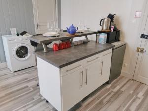 a kitchen with a counter and a washing machine at VITTEL LOC'S - LE 216, classé 3 étoiles proche des Thermes et tous commerces in Vittel
