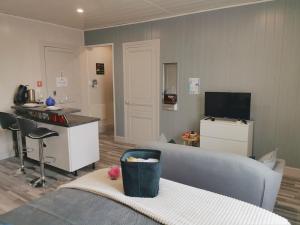sala de estar con sofá y cocina en VITTEL LOC'S - LE 216, classé 3 étoiles proche des Thermes et tous commerces, en Vittel