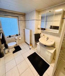 a bathroom with a sink and a toilet at Ferienhaus Lotte in Detern