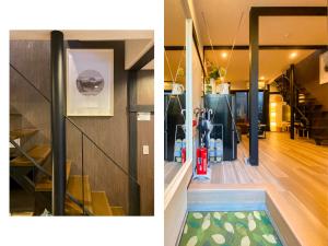 two photos of a house with a fire hydrant and a stairwell at Miyanonoki guest house with Free Parking in Tokyo