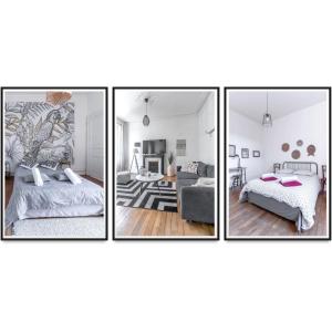 three pictures of a bedroom with a zebra mural at Résidence Epinat II - Appartements centre - Parking in Vichy