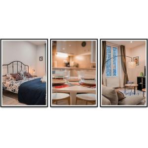three pictures of a room with a bed and a table at L'annexe Clermont Ferrand in Clermont-Ferrand