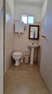 a bathroom with a toilet and a sink and a mirror at Departamento de huéspedes con piscina y parrilla, Tranquilo y Céntrico in Colonia del Sacramento