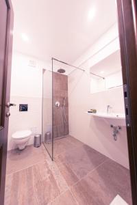 a bathroom with a shower and a toilet and a sink at Hotel Aura Unirii in Alba Iulia