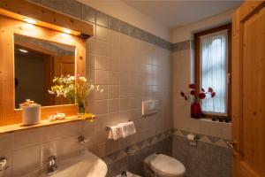 bagno con lavandino, servizi igienici e specchio di Hotel Chalet Genziana a Peio