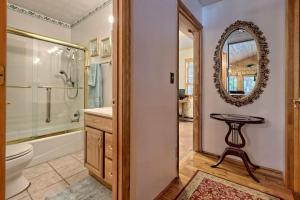 a bathroom with a shower toilet and a mirror at Hannahs Perch on Lake Burton with Private Top Patio and Bottom Dock in Clayton