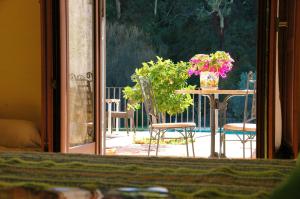 otwarte drzwi na patio ze stołem i kwiatami w obiekcie Hotel Posada San Marcos, Alájar w mieście Alájar