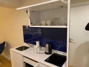 une petite cuisine avec évier et comptoir dans l'établissement Best apartaments orbi sity sea View, à Batoumi